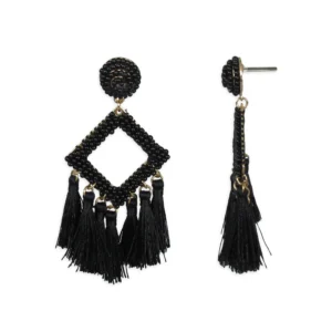 Women's Black Seed Beaded Tassel Drop Earrings